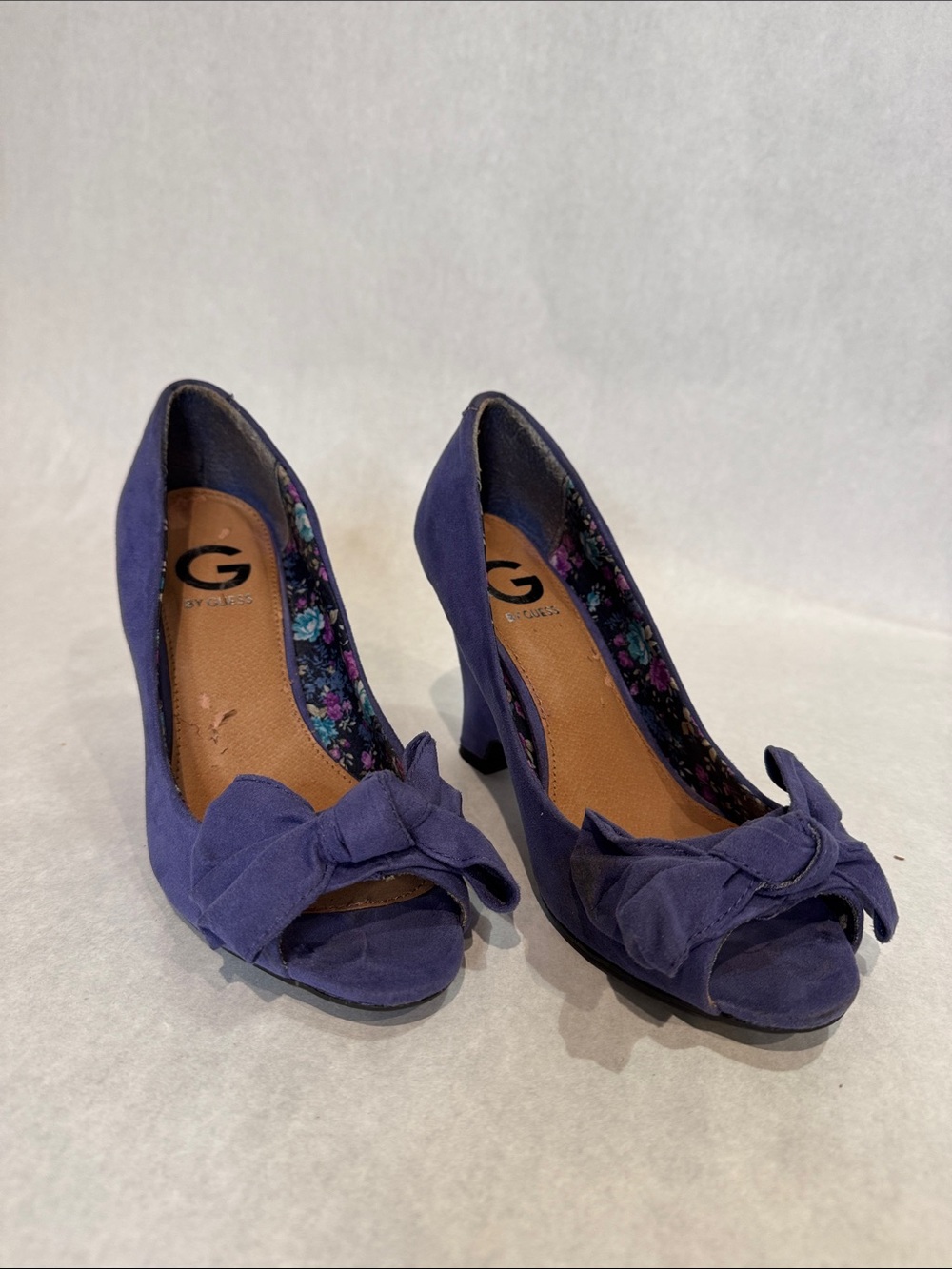 G by Guess Deep Purple Peep-Toe Heels with Bow Accent